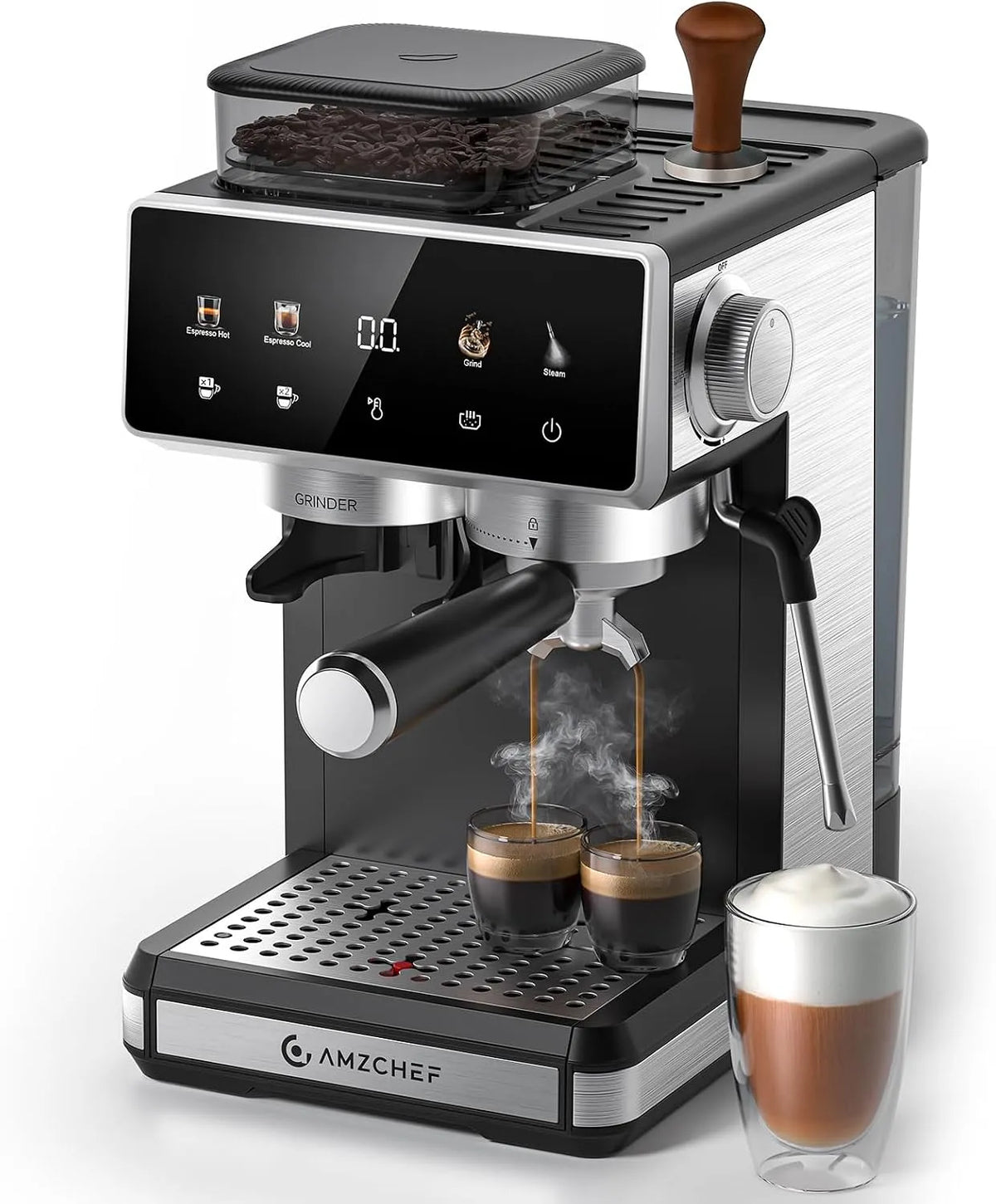 Espresso-Siebträgermaschine AMZCHEF, 20 Bar Espressomaschine für Zuhause mit Milchaufschäumer, 3 Temperaturstufen, 20 Mahlgrade, mit Mahlwerk
