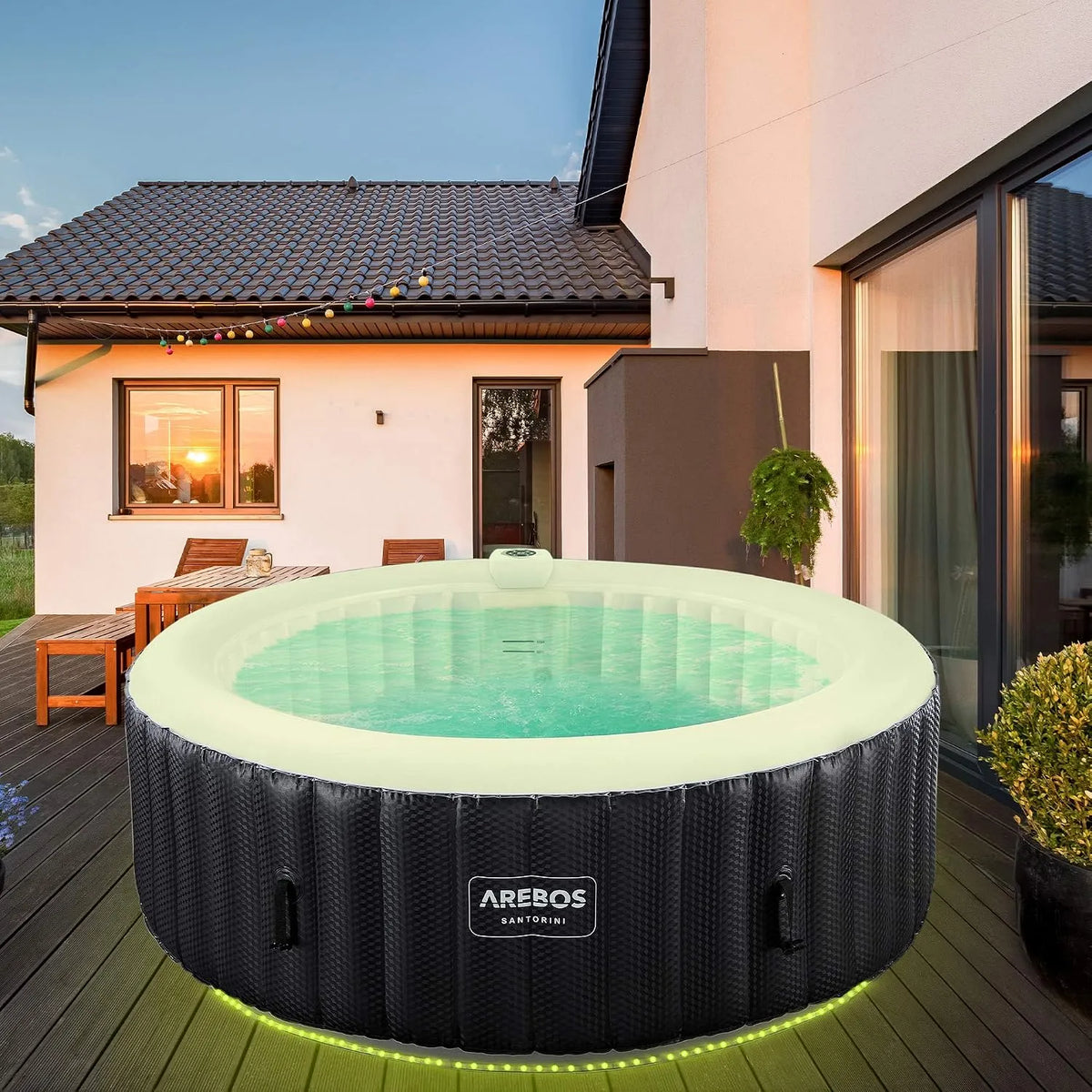 Whirlpool Arebos, ⌀ 208 cm, 6 Personen, 130 Massagedüsen, Fassungsvermögen 1000 Liter, automatisch aufblasbar, In & Outdoor, LED Leuchtband