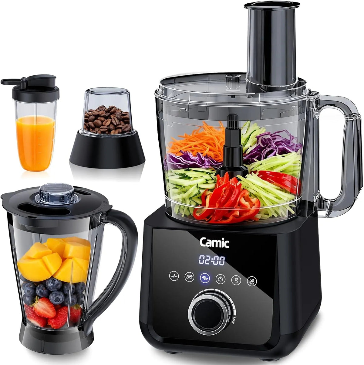 Küchenmaschine Camic Kompakte, 6 Funktionen, Fassungsvermögen 2,5L Schüssel, Einfacher Zusammenbau, Food Processor 1500W Motor, 3-in-1 Scheibe
