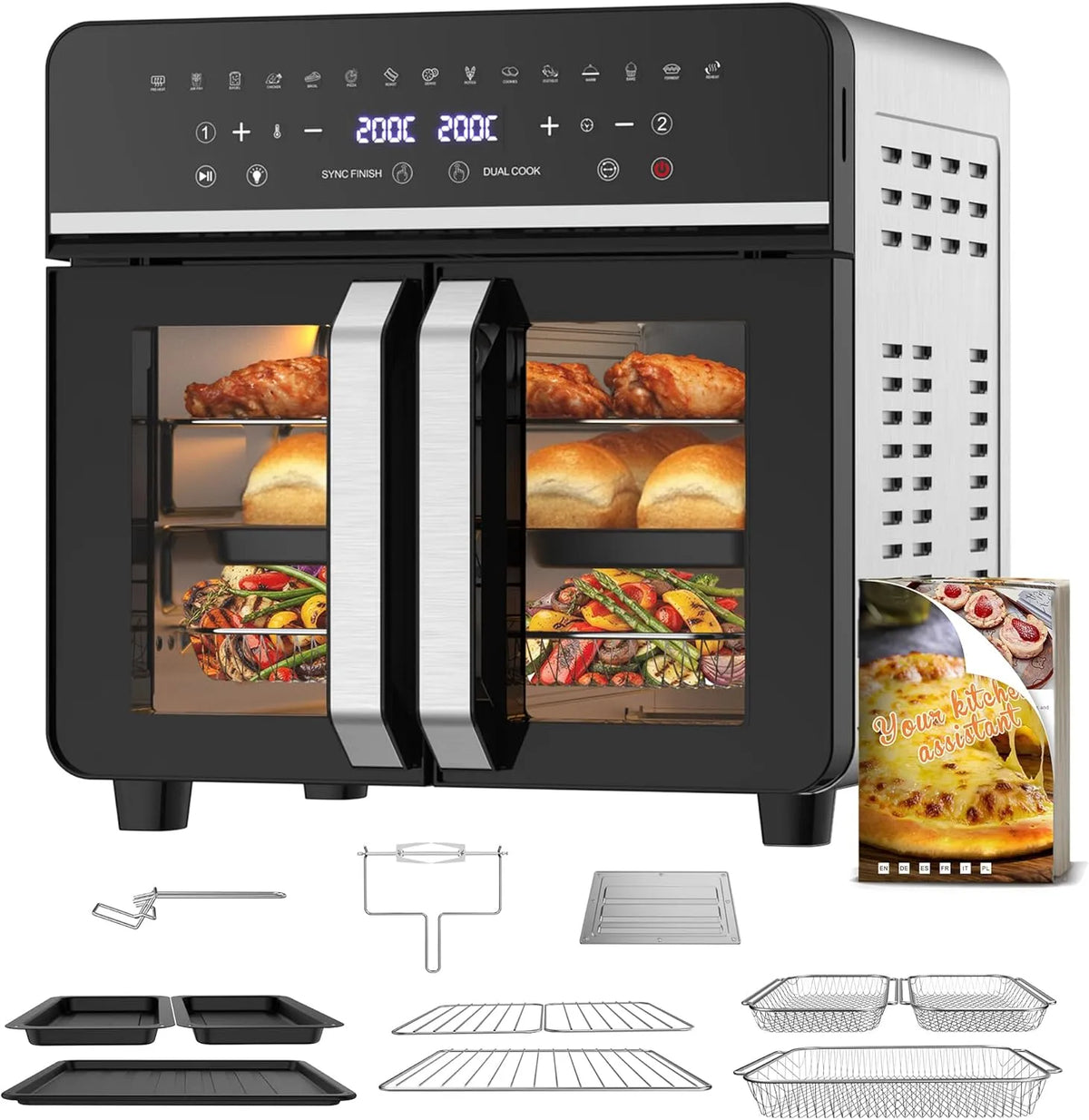 Heißluftfritteuse, 15 Betriebsprogramme, Fassungsvermögen 23L XXL Mini Backofen mit Französischen Türen, Sync Finish, Metallgehäuse