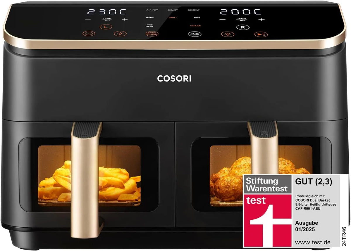Heißluftfritteuse COSORI, 2 Kammern, 6-in-1 Dual Zone Air fryer 8,5 L, Airfryer Testsieger der Stiftung Warentest, energiesparend, Gold