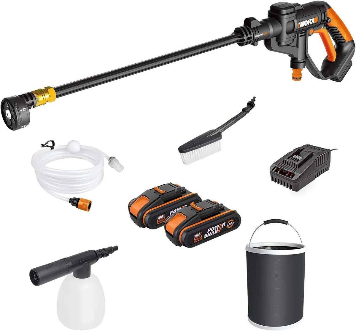 Worx Hochdruckreiniger WG625E.1 2x2.0Ah, Spannung 20V MAX, 1 Std. Ladegerät, 6m Schlauch, Bewässerung, Wassereimer, Spannung 18V, 5-in-1 Sprühdüse