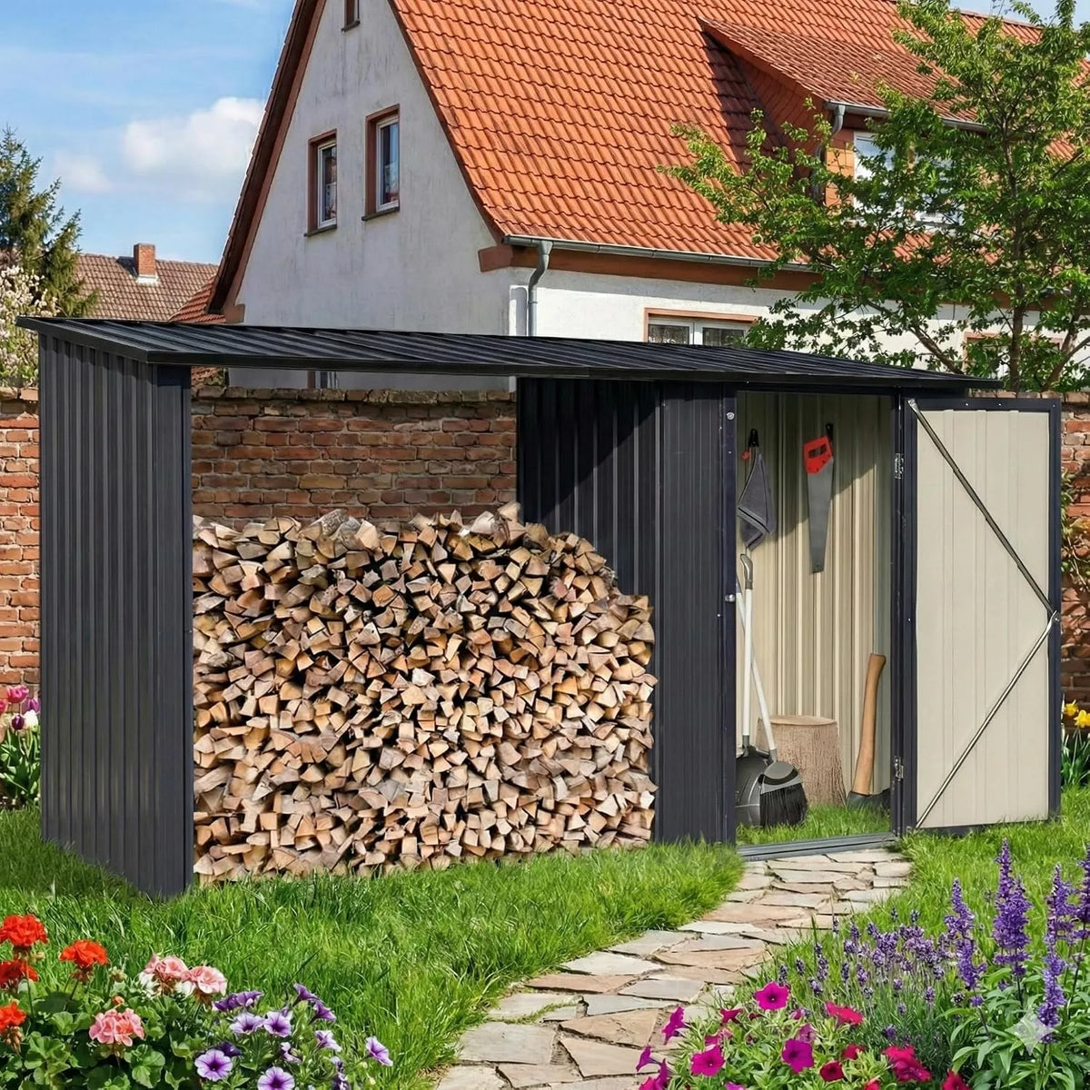 Gerätehaus RAL 7016 Albatros Profi, M –Geräteschuppen mit Holzunterstand für 2,3m³ Holz, Maße 266x127x161cm, verzinktes Metall in Anthrazit