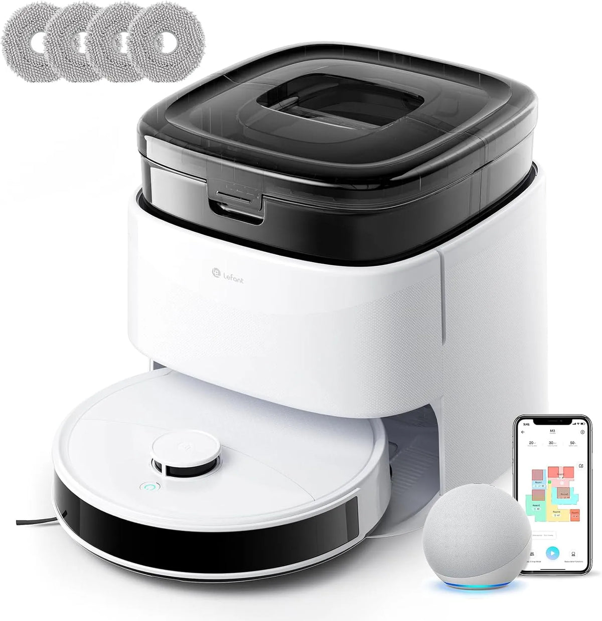Saugroboter Gen2, LEFANT M3 mit Wischfunktion, Hindernisvermeidung, All-in-One Dock, Alexa, 12000Pa Saugkraft Staubsauger Roboter, LiDAR-Navigation