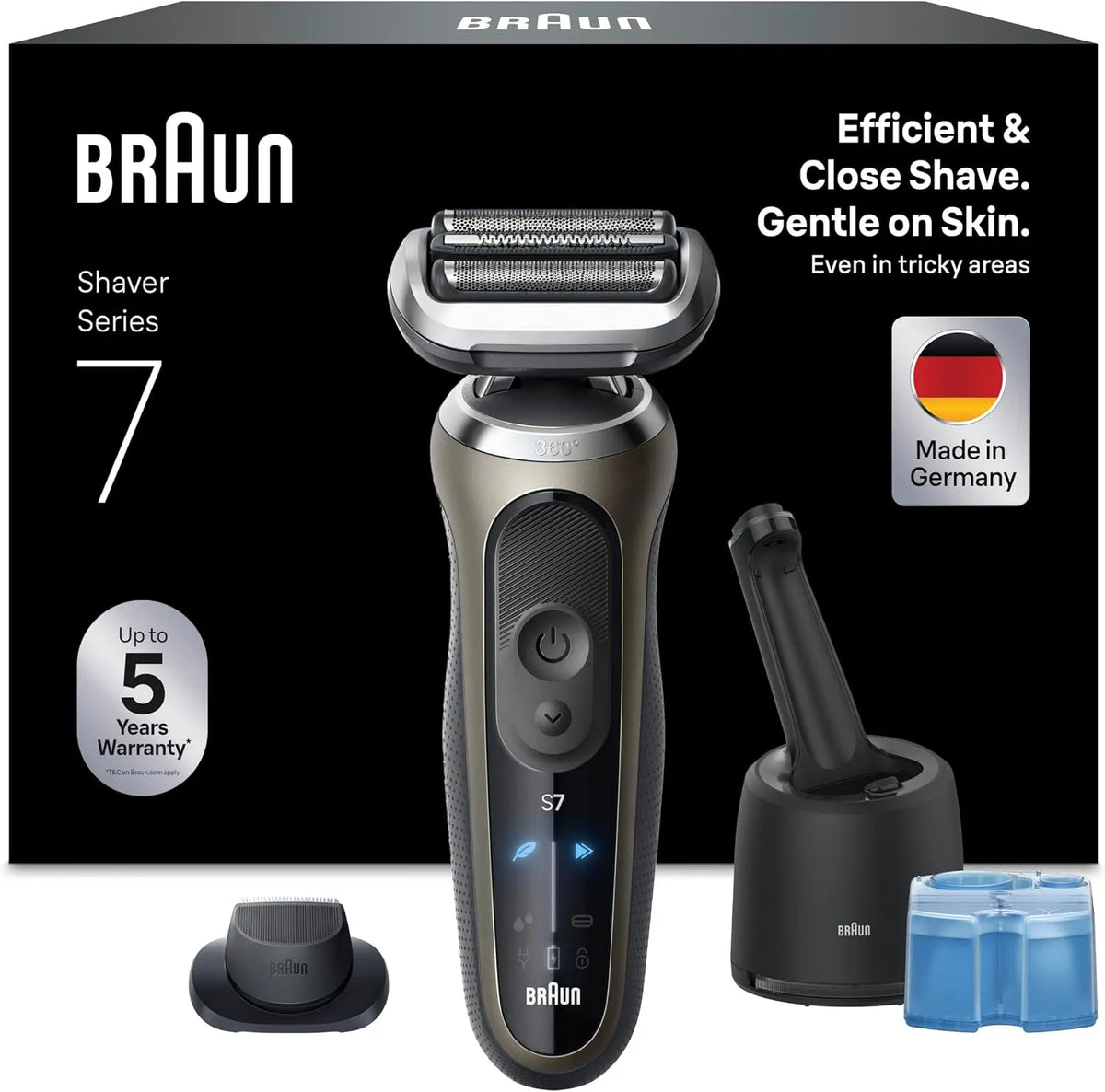 Braun Modell 4in1 72-C7200cc, Series 7 Elektrorasierer Herren, Rasierapparat mit 60 Min. Akkulaufzeit, +1 Aufsatz, SmartCare Reinigungsstation, Gold