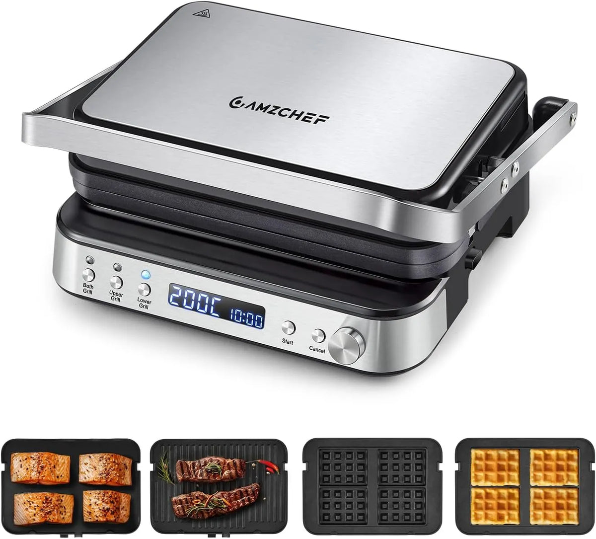 Grill, AMZCHEF Kontaktgrill XXL 2000W 4-in-1 Multifunktionsgrill mit Wechselplatten, 80–230°C Temperatur, 180° Tischgrill, Panini, Timer