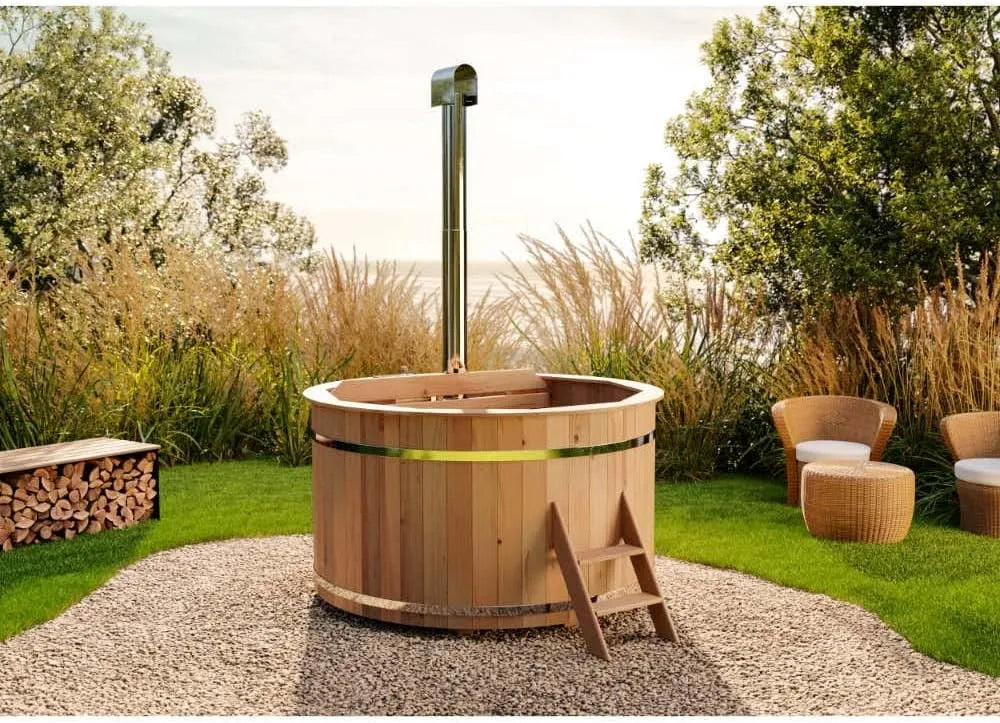 Bergen Holz Badefass, Hot Tub Ø 180 x 110 cm, inklusive. Edelstahl-Ofen 22 kW und Einstiegsleiter, 5-6 Personen, Schwimmbecken, Badebottich