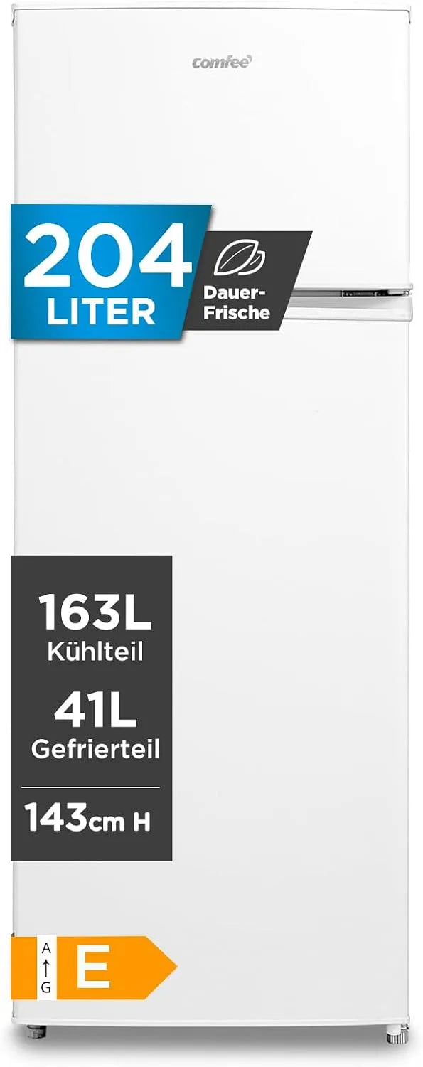 Comfee Modell oben RCT284WH2A, 143cm Höhe, Kühl, Gefrierteil oben, LED Licht, Weiß, 176 kWh, Breite 143cm, Gefrierkombination
