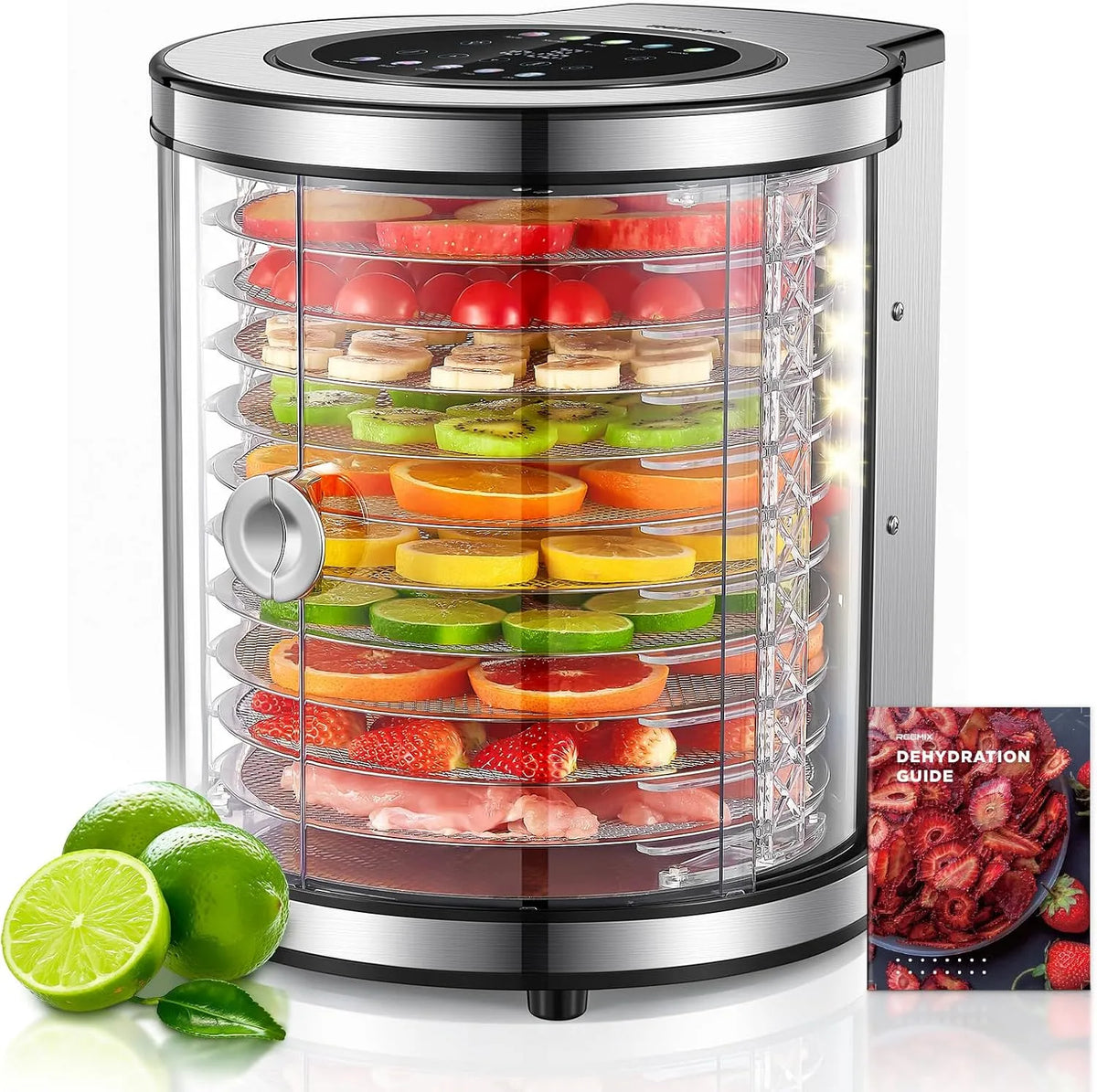 Modell mit 10 Etagen 48H Dörrautomat Edelstahl, Rotierender Dörrer mit 9 Programmen & LCD-Display, 35-75°C Temperaturregler & Timer