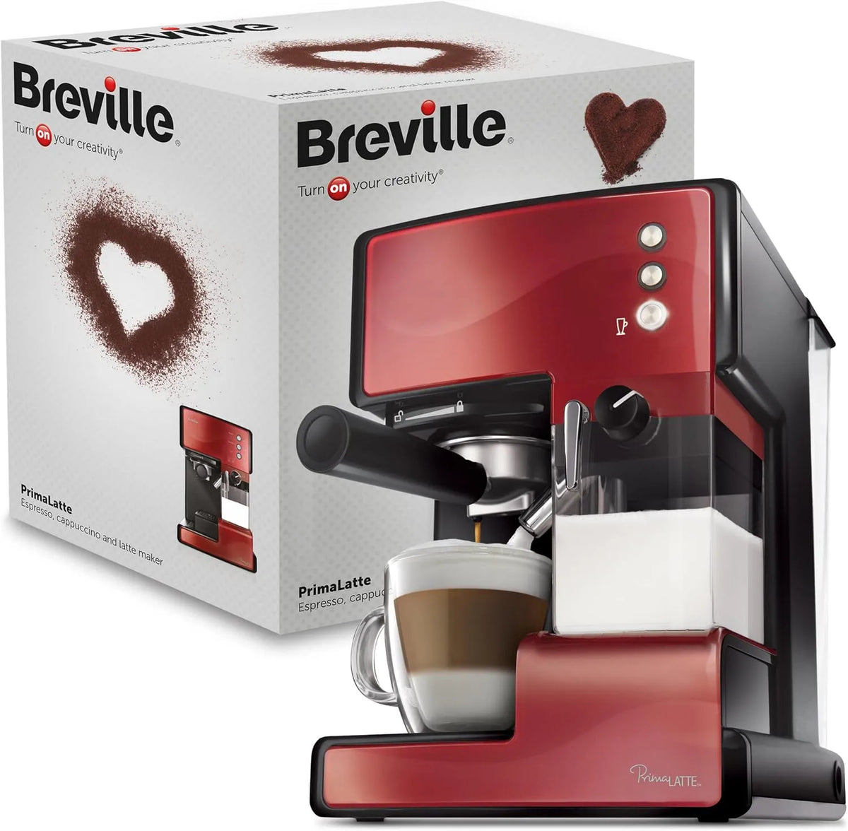 Espressomaschine VCF046X, italienische Pumpe mit 15 Bar, Breville PrimaLatte Kaffee- und, für Kaffeepulver oder Pads geeignet, Metallic, Rot