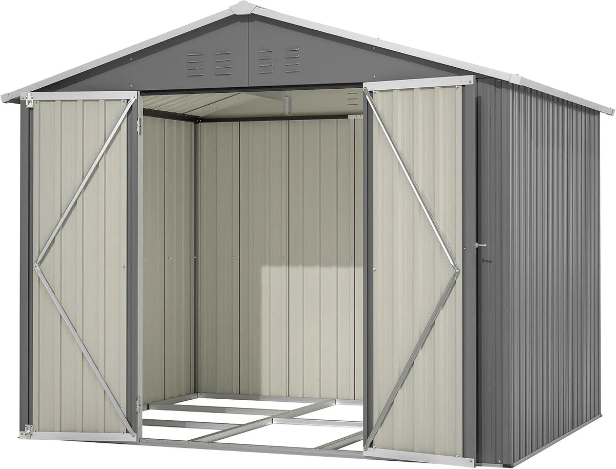 Gerätehaus Metall, ohne Boden, mit Pultdach, Gartenhaus Geräteschuppen Garten Schuppen inklusive. Metallfundament, Farbe Grau