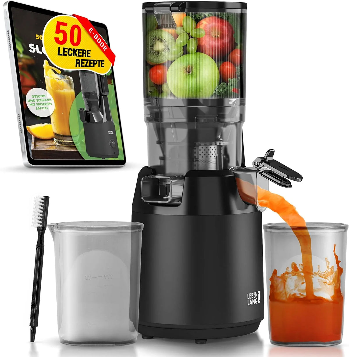 Entsafter LEBENLANG, Slow Juicer, inklusive. Rezeptbuch, Große 135mm Öffnung I für Obst ganze Früchte und Gemüse 100% BPA-Frei I Best Juicer