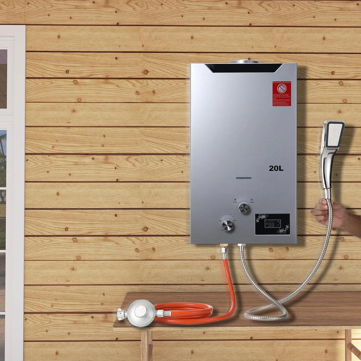 Warmwasserbereiter, Fassungsvermögen 20L 40KW LPG Gas Durchlauferhitzer mit Gasdruckregler, mit CE-Zertifizierun, Silber