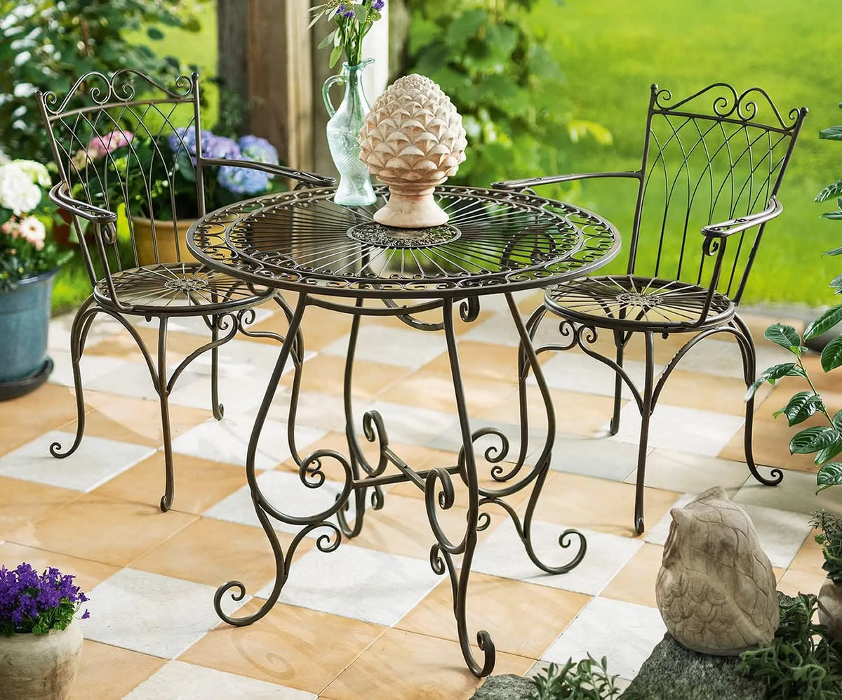 Tisch, Dekoleidenschaft 3 TLG. Bistro-Set „Flair', & 2 Stühle aus Metall in Antik-Optik, Dunkelbraun, nostalgisches Gartenmöbel-Set