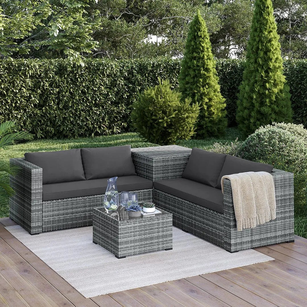 Tisch, Outdoor Sitzgruppe bis 4 Personen, & Box, Balkon, Terasse Farbe Grau, STEELSØN Veloria Rattan Gartenmöbel Set 4-TLG., Gartenlounge mit Sofas