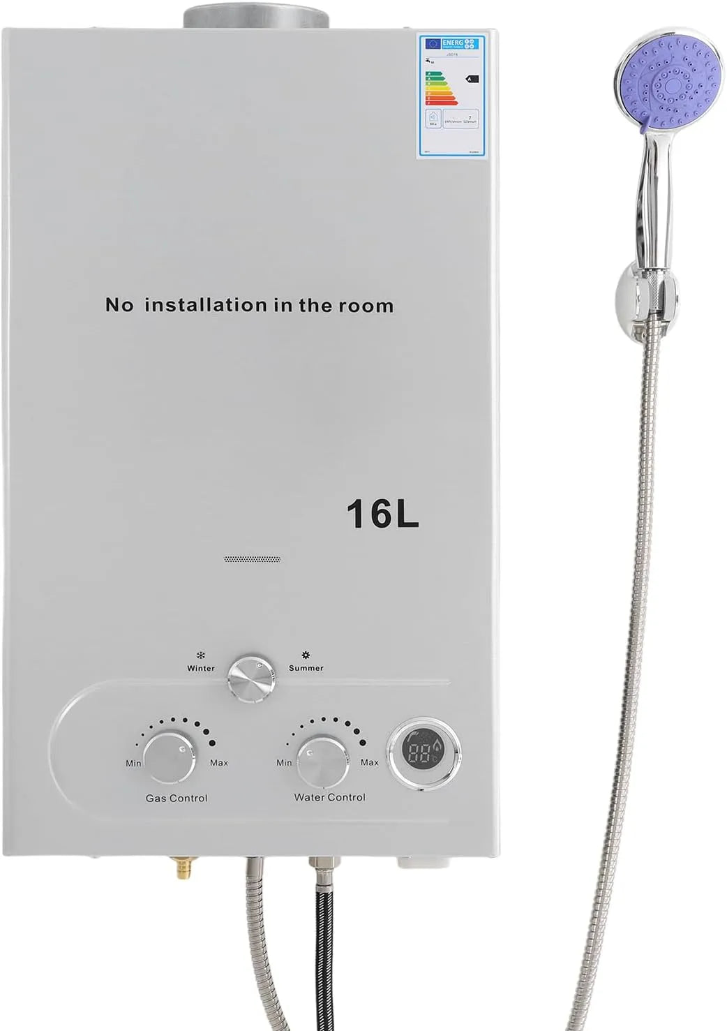 Warmwasserbereiter, Flüssiggas Durchlauferhitzer LPG, Fassungsvermögen 16L, Leistung 32KW, Duschkopf und Duschschlauch für Zuhause