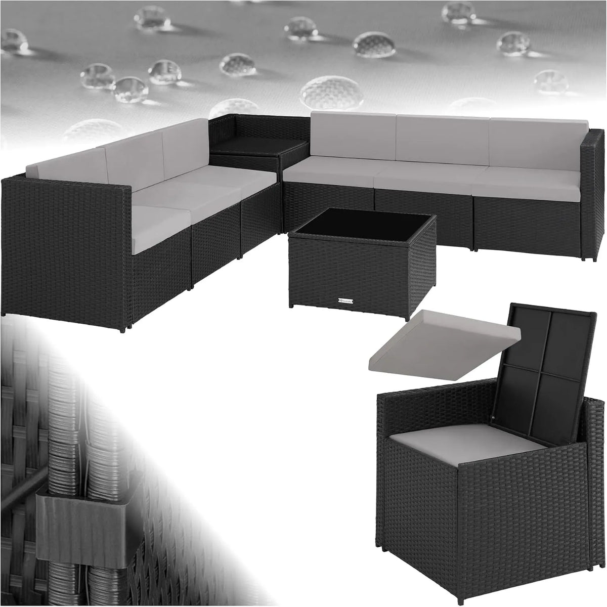 Gartenlounge tectake Polyrattan, frei zu gruppierende Balkon Möbel, inklusive. Auflagenbox und Sitz- und Rückenkissen, in Schwarz