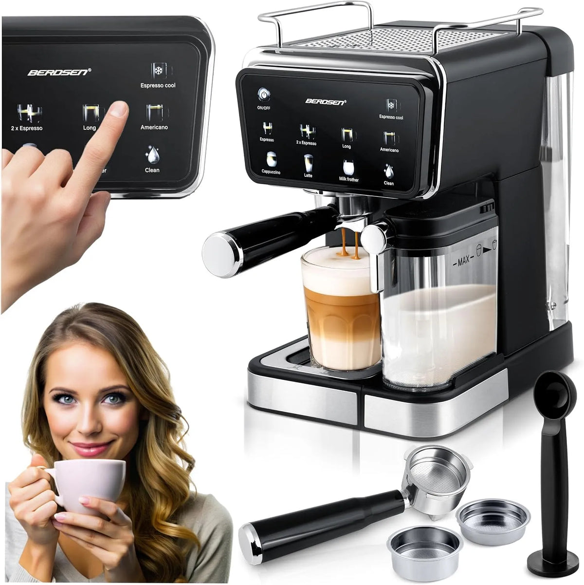 Kaffeemaschine Berdsen, Milchaufschäumer, 20 bar 1350W, Espressomaschine Siebträgermaschine, Edelstahl in Schwarz Matt, Selbstreinigung