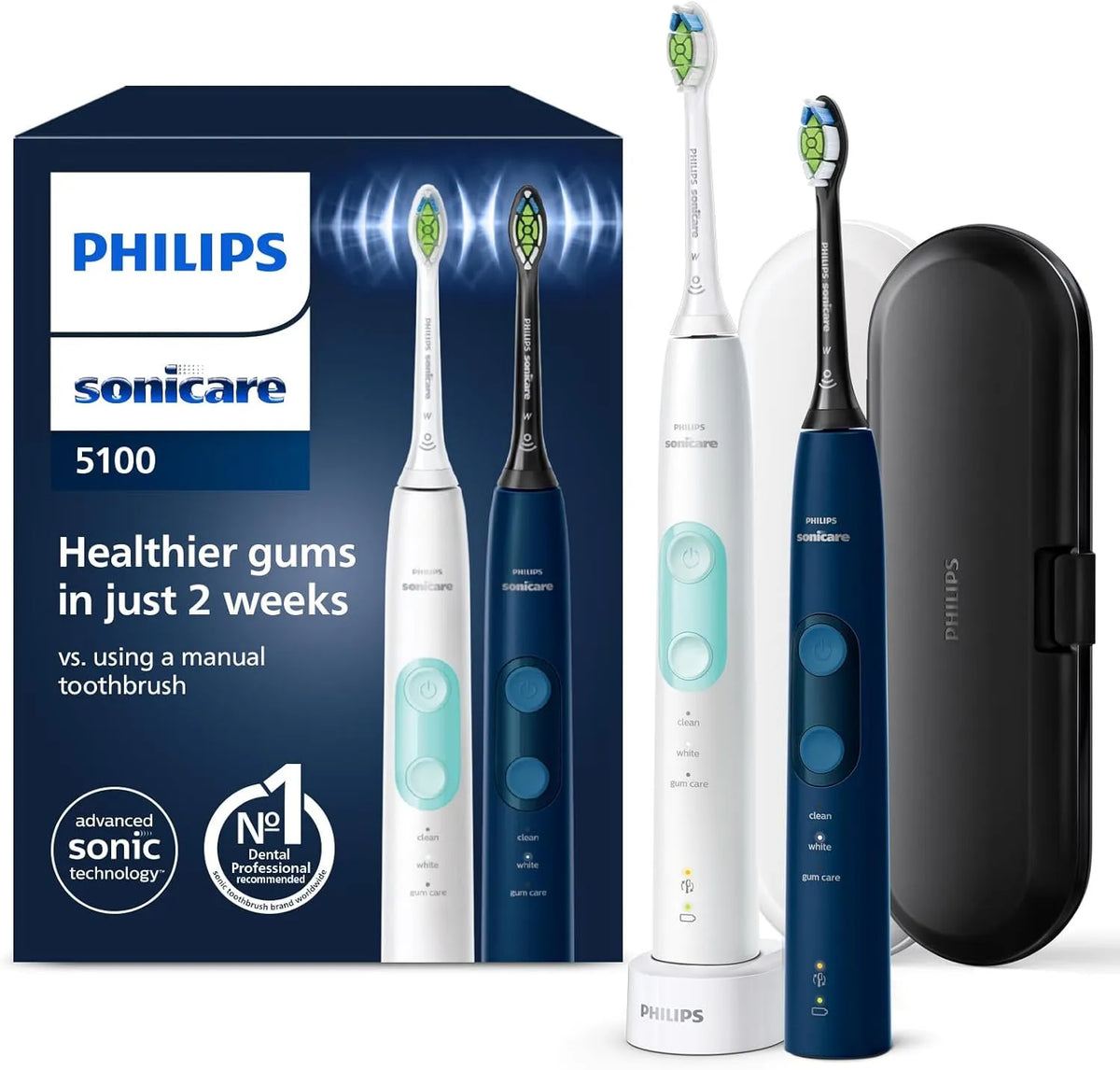 Philips Modell, Sonicare ProtectiveClean elektrische Zahnbürste 5100 2er-Pack HX6851/34, Schallzahnbürste mit 3 Putzmodi, Clean und White