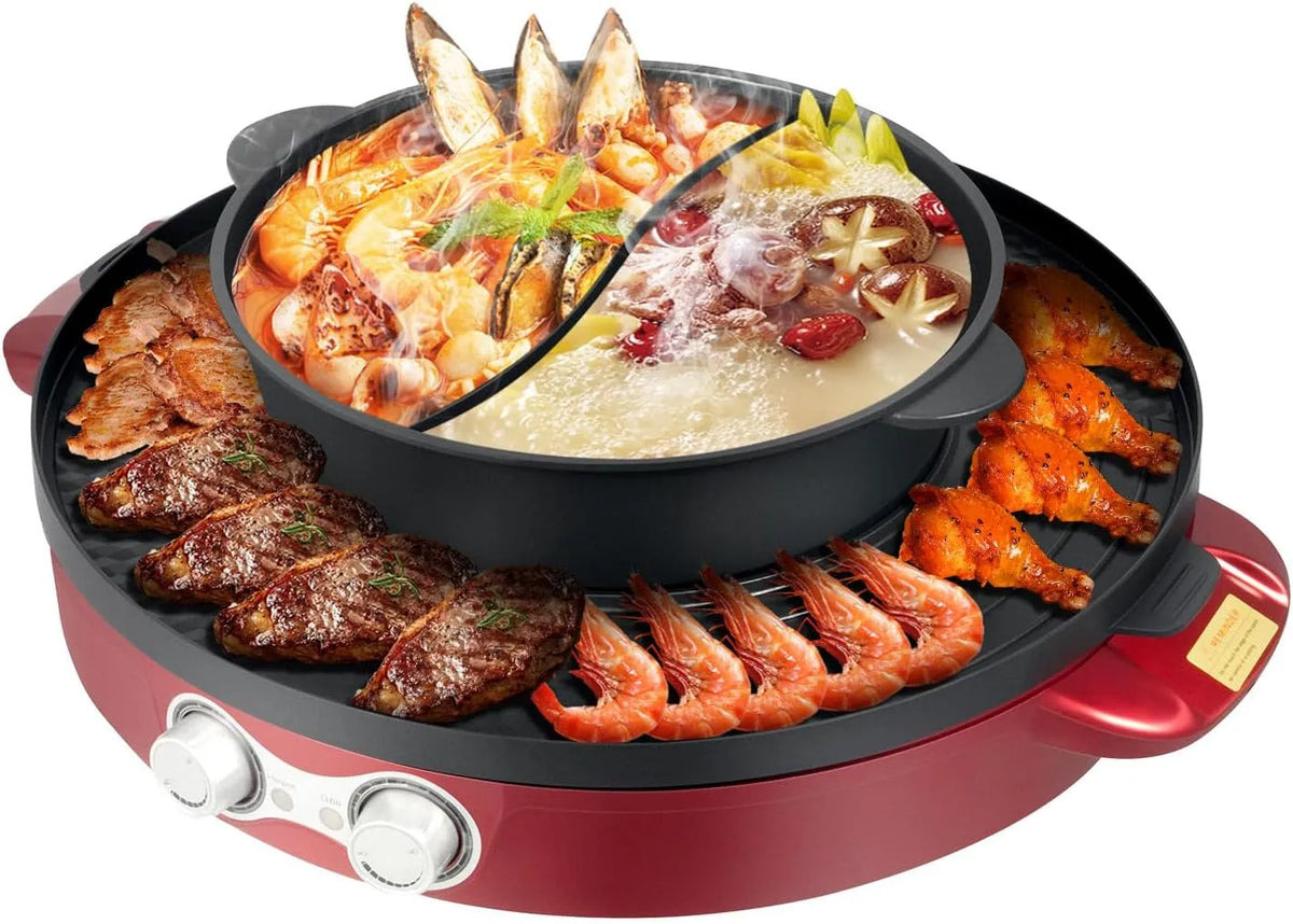 Grill, Hot Pot und Tischgrill Elektrisch Hotpot Topf Elektrogrill 220V 2200W 2 in 1 Electric Hot Pot, mit Deckel Indoor Hot Pot