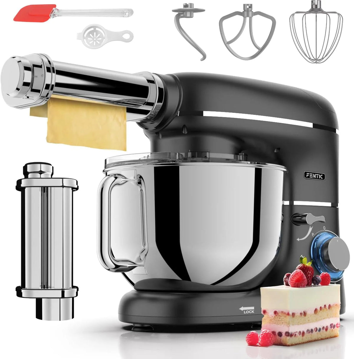 Nudelmaschine Kuchenmaschine mit, Knetmaschine mit Elektrische, Leistung 2000W, Fassungsvermögen 6,2L Edelstahl Rührschüssel, in Schwarz