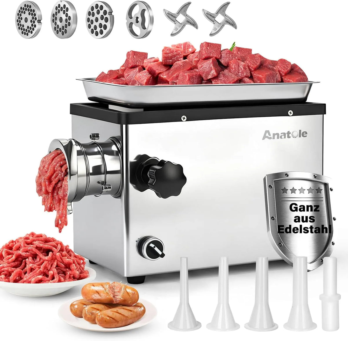 Elektrisch Edelstahl Integral 1100W Profi Hackfleisch Maschine Multi Wurstmaschine Anatole Fleischwolf, mit 6/8/10mm