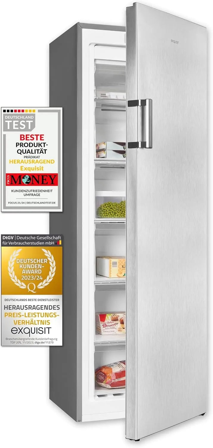 Exquisit Gefrierschrank GS271-NF-H-010E, NoFrost 194 l Volumen, Tiefkühlschrank mit 5 Schubladen, inoxlook, Schnellgefrieren