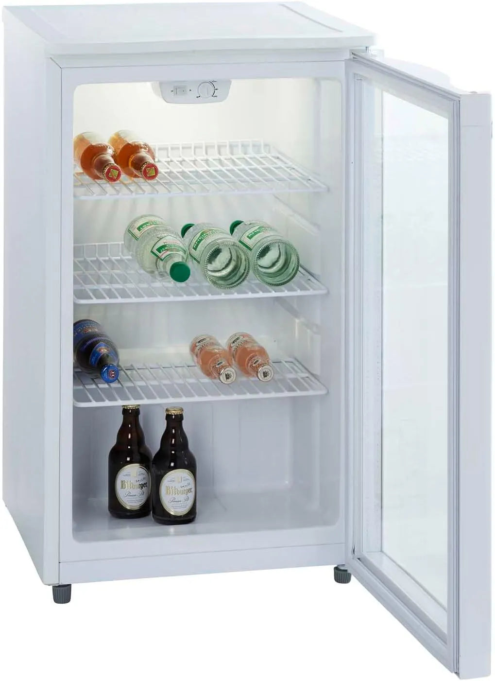PKM Kühlschrank GKS102, 42 dB, Glastür, Flaschenkühlschrank, Höhenverstellbare Füße, 85 cm hoch, Fassungsvermögen 102 Liter, Getränkekühlschrank