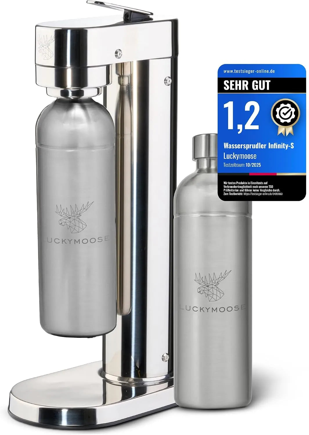Aus hochwertigem Edelstahl Infinity-S Wassersprudler, inklusive. 2x 1,25L Edelstahlflaschen, Langlebige CO₂ Sprudelwasser Maschine, Silver