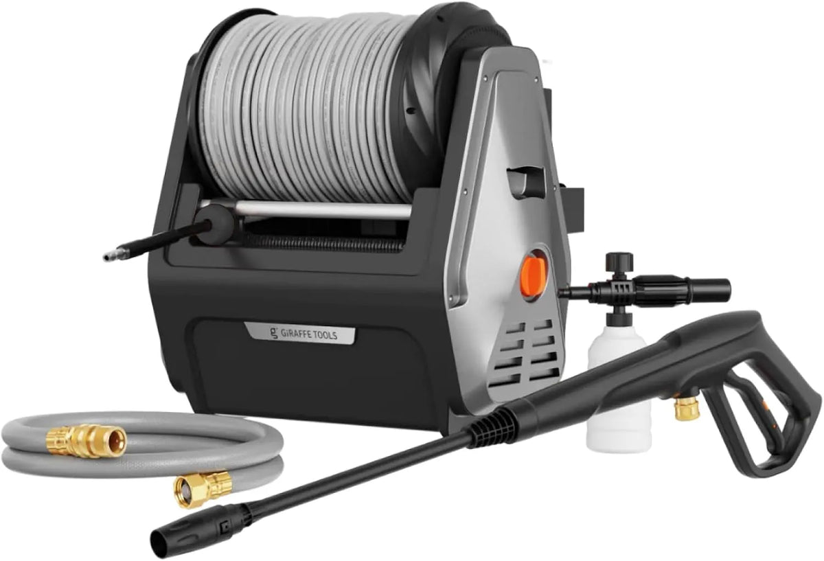 Hochdruckreiniger Giraffe Tools, Max 2400 PSI, mit 30M Einziehbarem Schlauch, Big Pump 2 in 1, 1800 Watt, Grauer weicher Schlauch