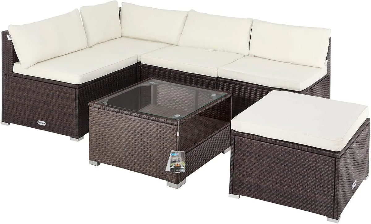 Tisch Braun, Casaria Gartenmöbel Lounge Set Wetterfest 5 Personen Polyrattan Sicherheitsglas Outdoor Sitzkissen Terrassenmöbel Eck Sofa Creme