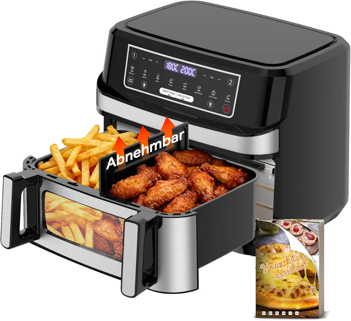 Heißluftfritteuse, Fassungsvermögen 12L, Leistung 2600W Doppel-Heizelement Separate Temper mit Sichtfenster und Innenlicht