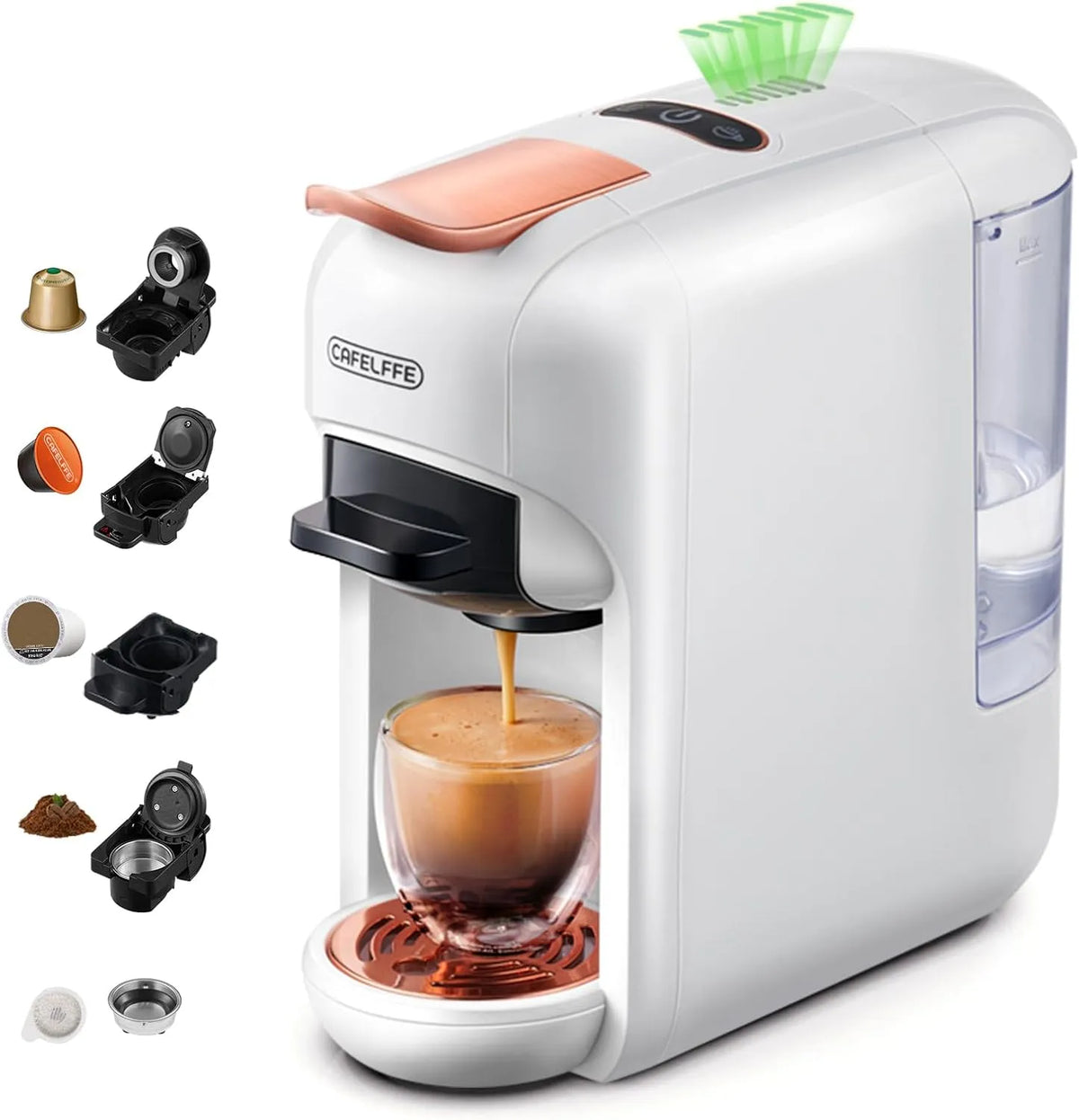 Kaffeemaschine MK-606, 19 Bar Heiß, 7 Wasserstufen, kompatibel mit K-Cup, DG, Büro, CAFELFFE 5-in-1 Kapsel-Kapsel, 44 mm ESE Pods & Boden, Zuhause