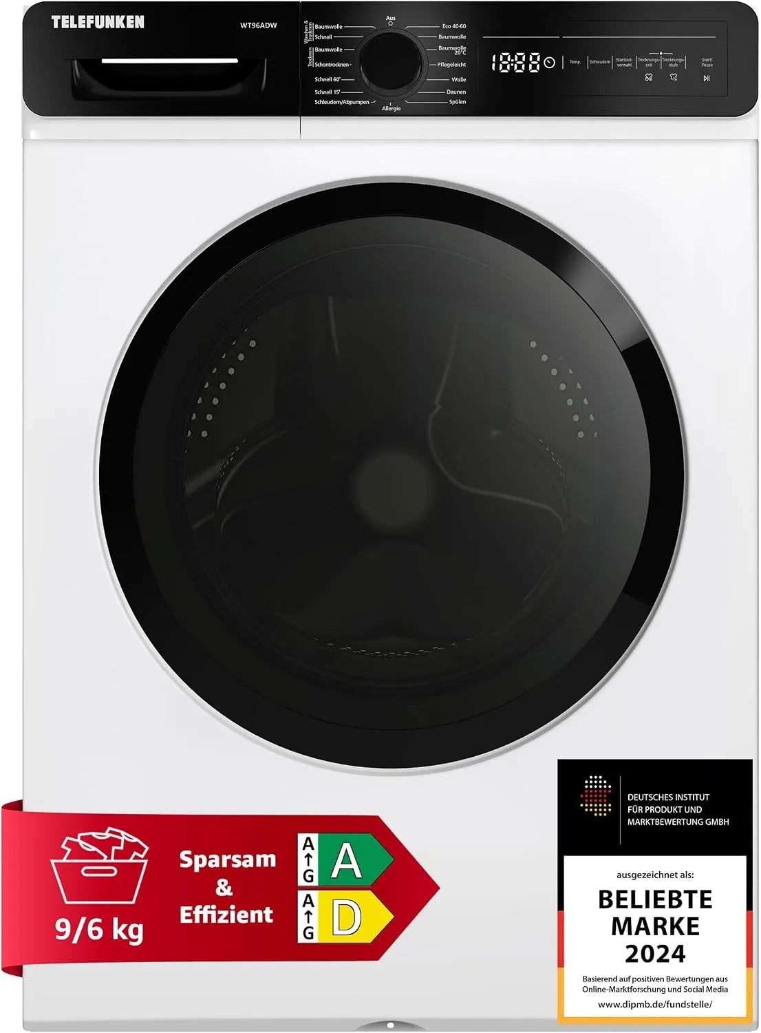 Telefunken Waschtrockner 1400, Gewicht 9 kg Waschen, Gewicht 6 kg Trocknen, Waschmaschine mit Trockner integriert, 15 Betriebsprogramme, Min, AquaStop