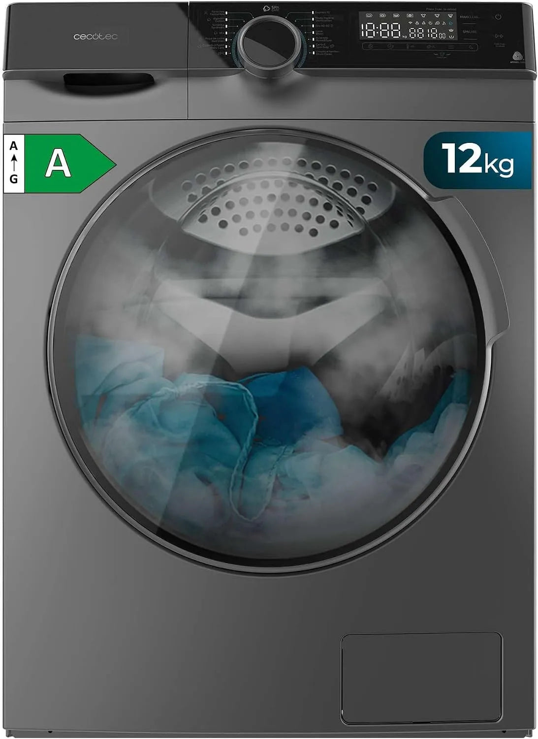 Cecotec 121000, Leistung 2000 W, 14 Programas, Spa Care, Lavadora 12 Kg Carga Frontal Bolero DressCode Steel. 1400 rpm máximas Regulables, Delay Start