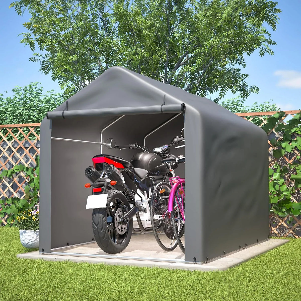 Gartenhaus, Fahrradgarage Gerätehaus Geräteschuppen, Wetterfester Wasserdichtes PE-Material auf Stahlrahmen, E-Bikes & Gart