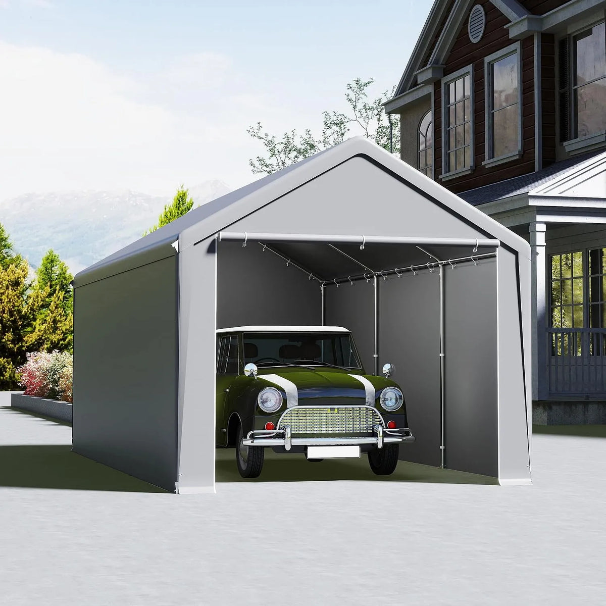 Carport, Garagenzelt & Lagerzelt in einem, Stahlrahmen, wetterfest für Auto, Farbe Grau, UISEBRT Zeltgarage 3x6 m, Dach- & Bodenverstärkung, SUV