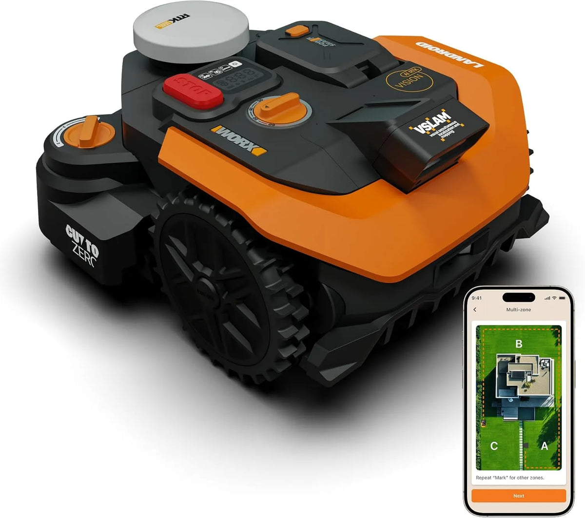 Worx Modell WR308E 2WD, KI-Hinderniserkennung, Auto-Mapping, Cut-to-Zero, Landroid Vision Cloud Mähroboter ohne Begrenzungskabel für 800 m²