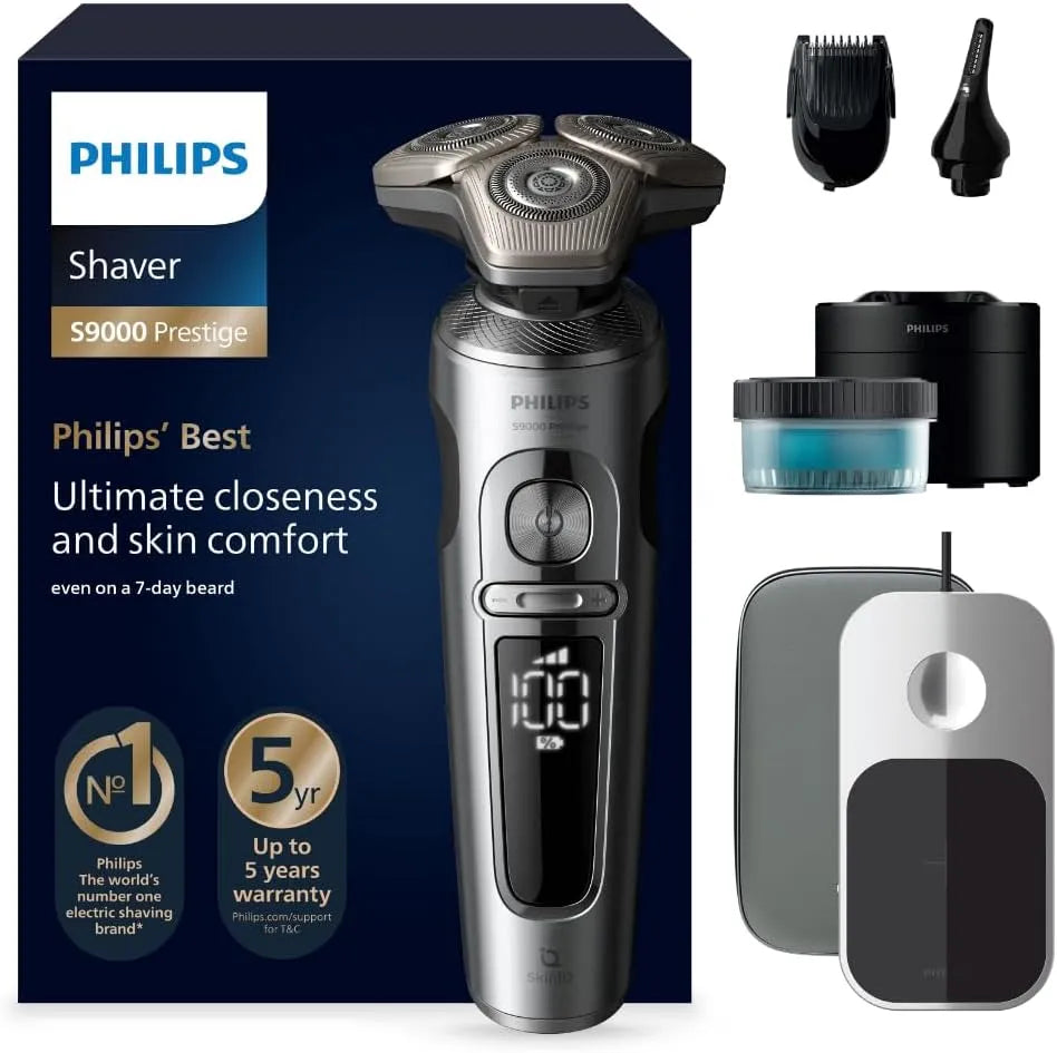 Philips Modell, Rasierer Prestige S9000 SP9885/35, glänzendes Chrom, Elektrischer Nass- und Trockenrasierer, SkinIQ-Technologie, Bartstyler