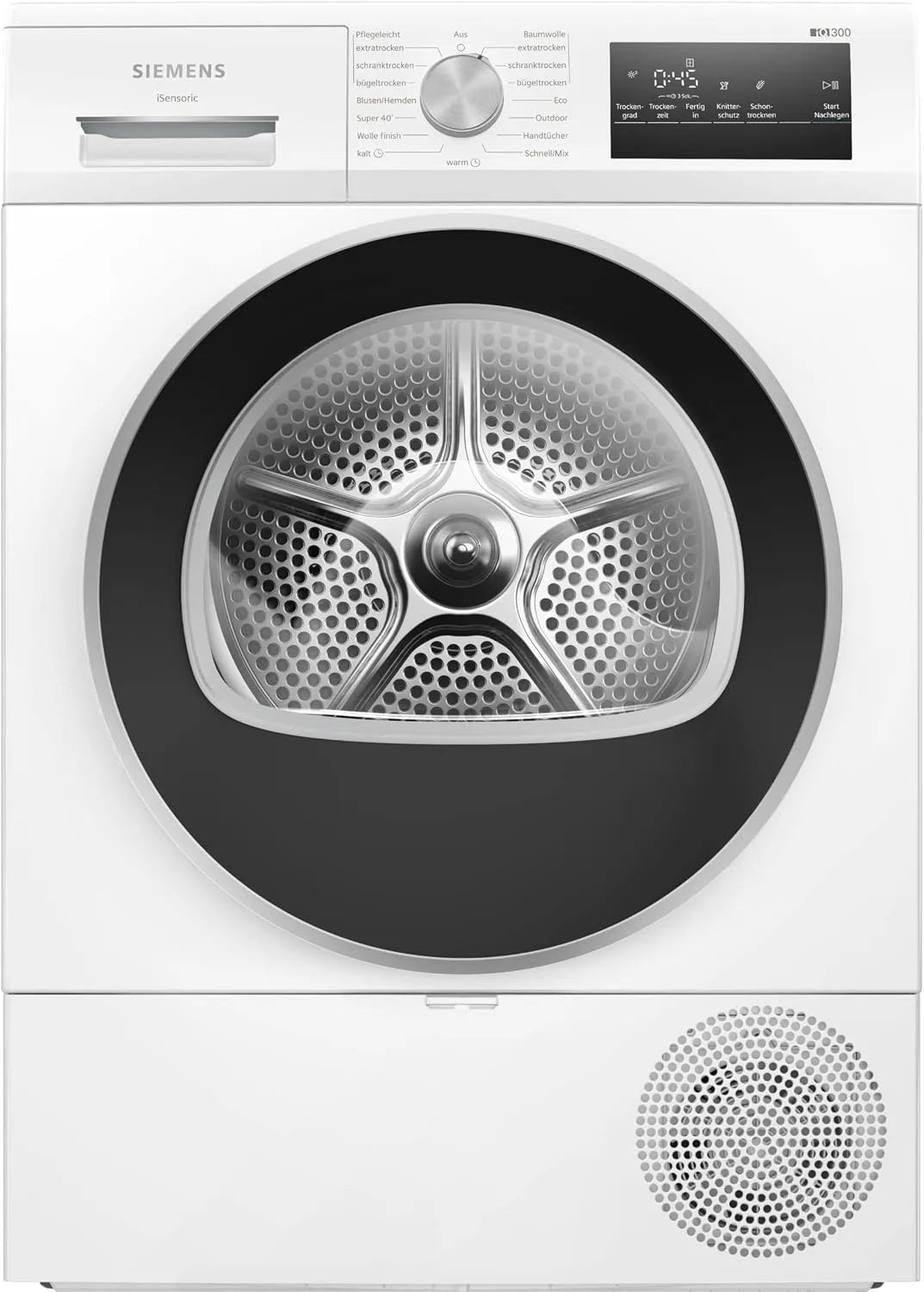 Siemens Modell WT45HV0EM iQ300 super40-Programm, 63 dB, Outdoor-Programm, autoDry, softDry, Weiß, Gewicht 8 kg, Wärmepumpen-Trockner, easyClean-Filter