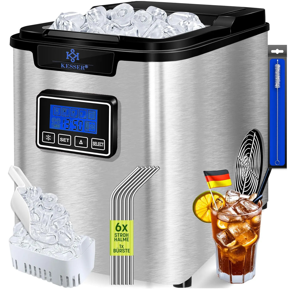 Kesser Eiswürfelbereiter, Leistung 150W Ice Maker, Gewicht 12 kg 24 h, Leistung 3 Würfelgrößen, Fassungsvermögen 2,2 Liter Wassertank, Timer, Silber