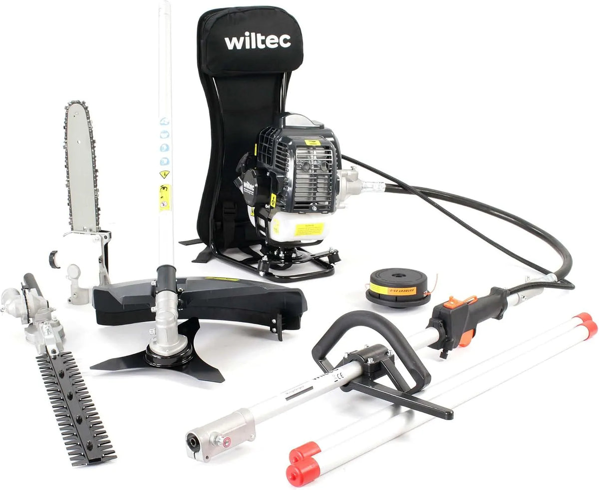 Wiltec Rasentrimmer 2-Takt-Motor, 4-in-1 Multifunktionsgerät mit Rucksack, Backpacker Multigartengerät, Multitool Gartenwerkzeug mit u.a.