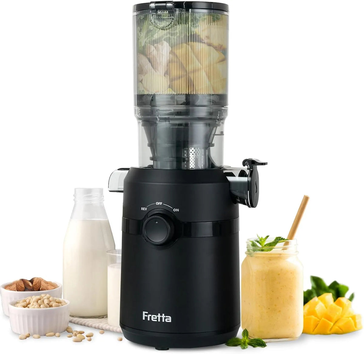 Entsafter Fretta, Slow Juicer mit 108MM Breite und Größere Fütterungsröhre, Einfacher Installation,200W, BPA-frei Tritan-Material