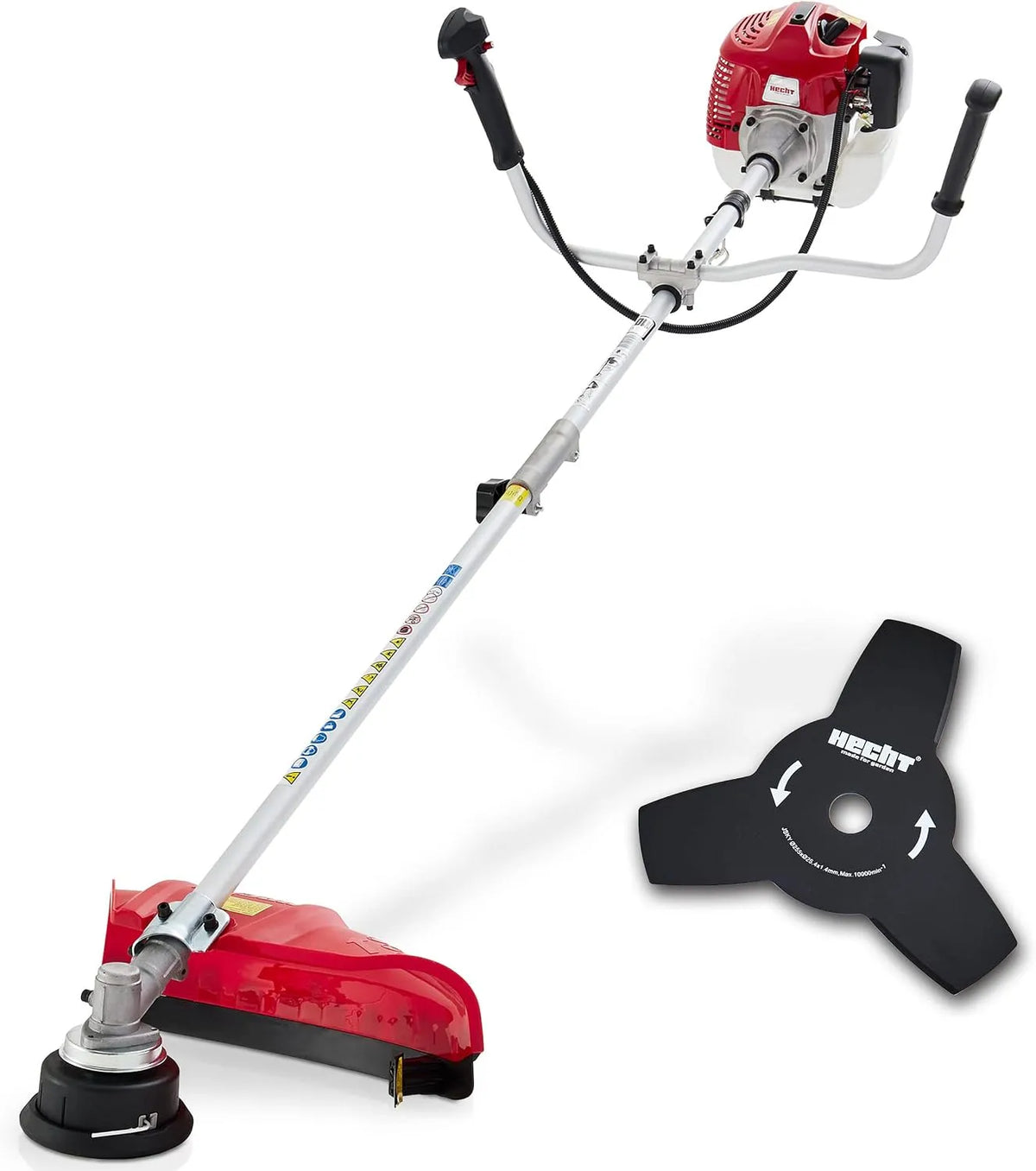 Rasentrimmer 2-Takt-Motor HECHT, 43 cm und 25,5 cm Schnittkreis, Benzin, Mit Doppel Faden Spule und Metallmesser, Komfort-Tragegurt, Lenkradgriff Rot