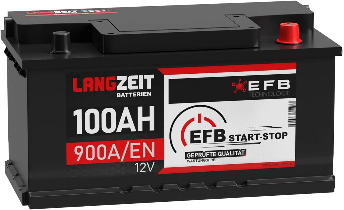 LANGZEIT EFB, Batterie 100Ah 12V Autobatterie Start-Stop Starterbatterie ersetzt 95Ah 105Ah 110Ah