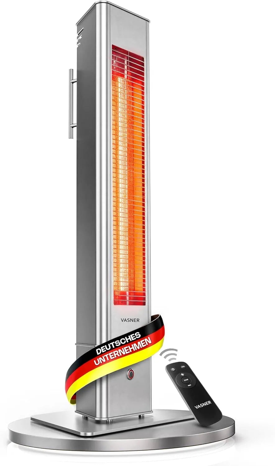Wärmestrahler VASNER HeatTower, Infrarot Standheizstrahler 2500 Watt, Heizstrahler Terrasse elektrisch 4 Heizstufen, Elektro Heizstrahler Outdoor