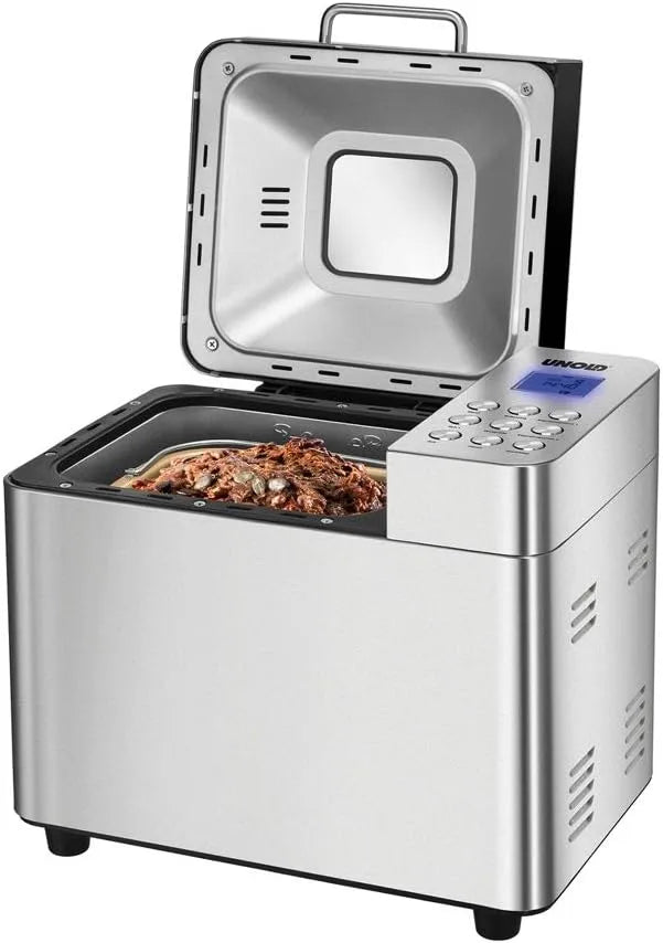 Edel 68456 Unold Backmeister, Leistung 550W, 750–1000g, 14 Betriebsprogramme, Zeitvorwahl 15 h, Brotbackautomat Edelstahl, glutenfrei, LCD-Display