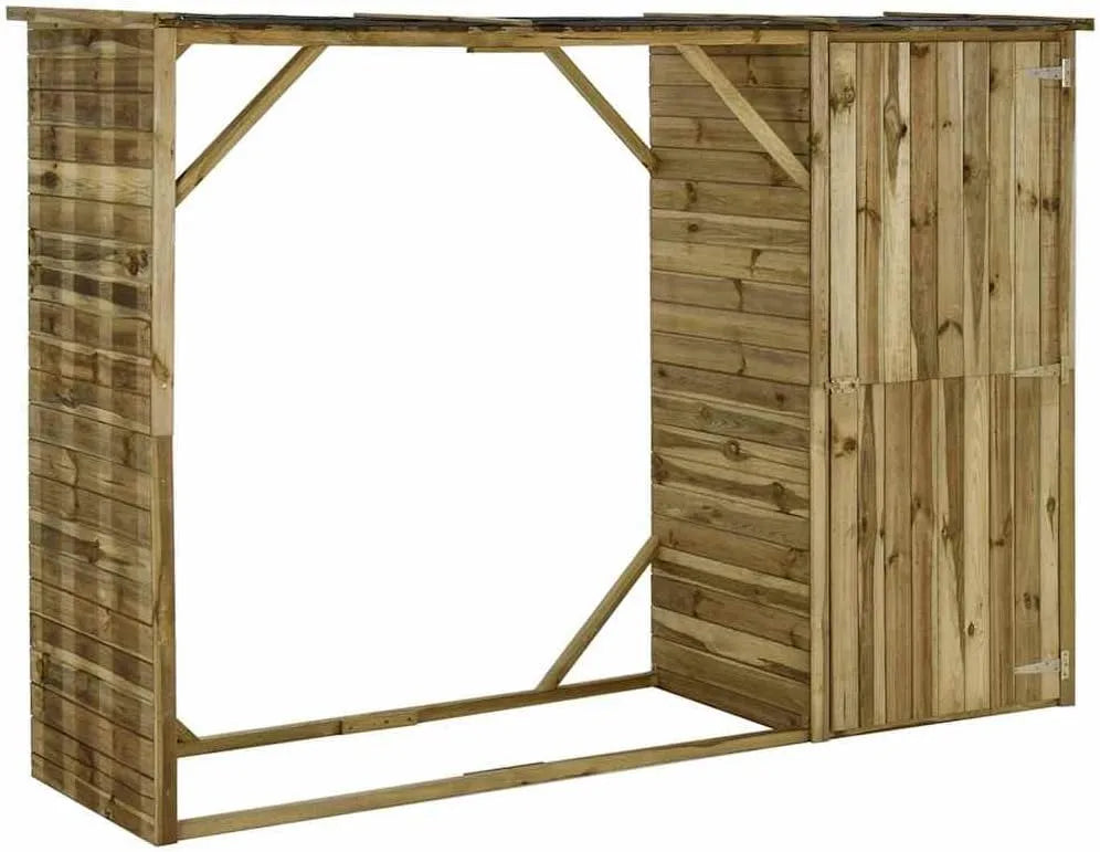 Geräteschuppen vidaXL, 2-in-1 Gartenschuppen Brennholzlager für Terrasse Garten, Kiefernholz 253×80×170cm, Kaminholzregal mit Unterstand, Gerätehaus