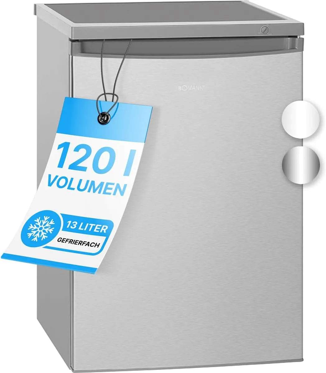 Bomann Kühlschrank KS 2184.1, Kühlen 107L & Gefrieren 13L, mit Gefrierfach, inox, klein mit 120L Nutzinhalt, Fridge mit 3 Türablagen & 2 Glasablagen