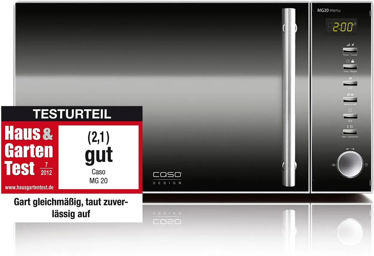 Caso Mikrowelle MG20, Leistung 800 W, 2 Kombiprogramme + 14 Koch-Programme, menu 2-in-1 mit Grill, Grill 1000W, Design Edelstahl und verspiegelt,20L